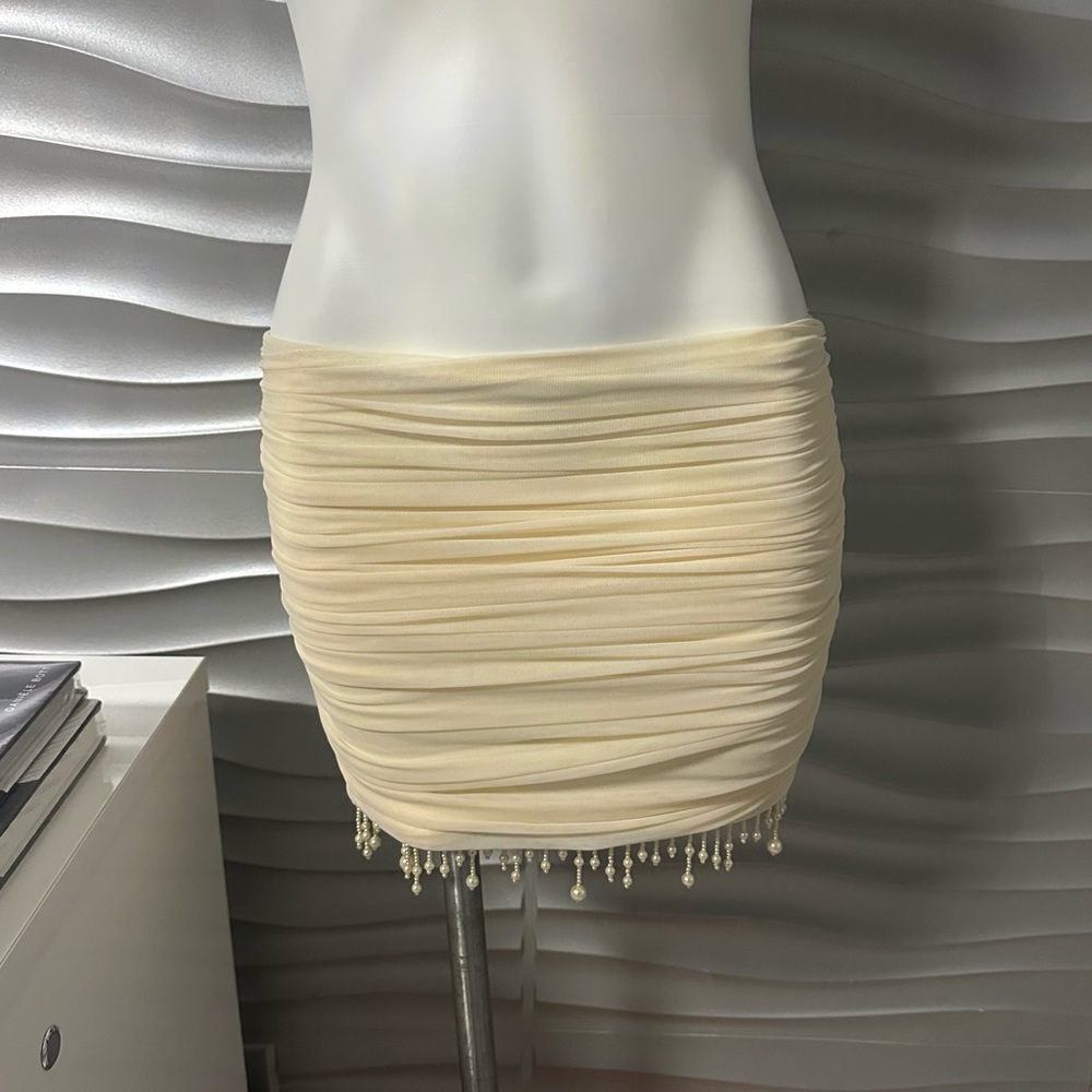 Fashion nova Ruched Cream Mini Skirt with Beaded Hem